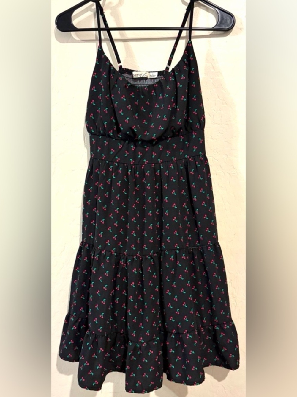 Liberty Love Cherry Mini Dress Smocked Tiered Spaghetti Strap- Junior Large